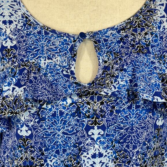 NY Collection X-Large Top Geometric 3/4 Sleeve Ruffled Keyhole Neck Stretch Blue - Picture 5 of 7
